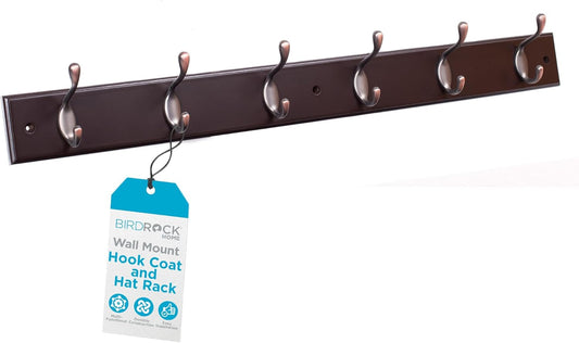 BIRDROCK HOME Oval Hook Coat and Hat Rack | 6 Hooks| Wall Mount | Brown Finish | Bronze Hooks