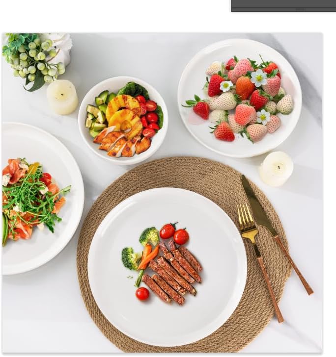 Ceramic Dinnerware Sets for 4,Handcraft Wavy Rim Stoneware Plates and Bowls Sets,Highly Chip and Crack Resistant | Dishwasher & Microwave & Oven Safe Dishes set,Service for 4 (12pc)-White &Wave