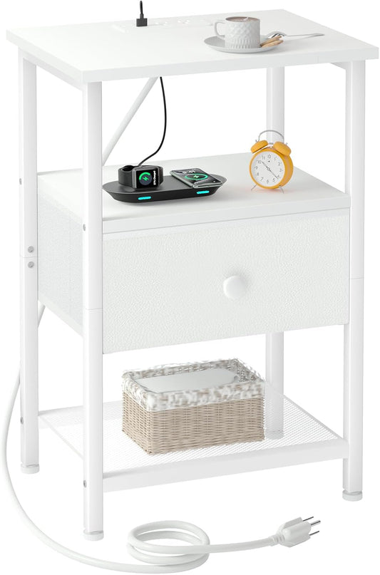 White Night Stand, Nightstand with Charging Station, End Table with Storage Fabric Drawer for Bedroom, Small Bed Side Table with USB Ports and Outlets for Living Room, HETS010WT-1