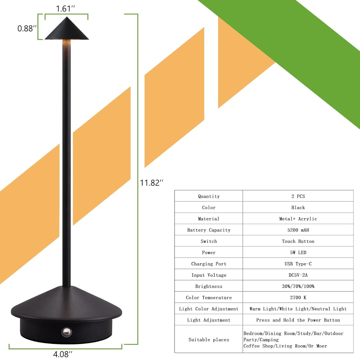 2 Pack Cordless LED Table Lamp, Rechargeable 5200mAH Battery Operated Lamp for Decor, 3 Color Stepless Dimming Desk Lamps, for Restaurant, Bedroom, Outdoor Camping, Coffee Shop, Night Light
