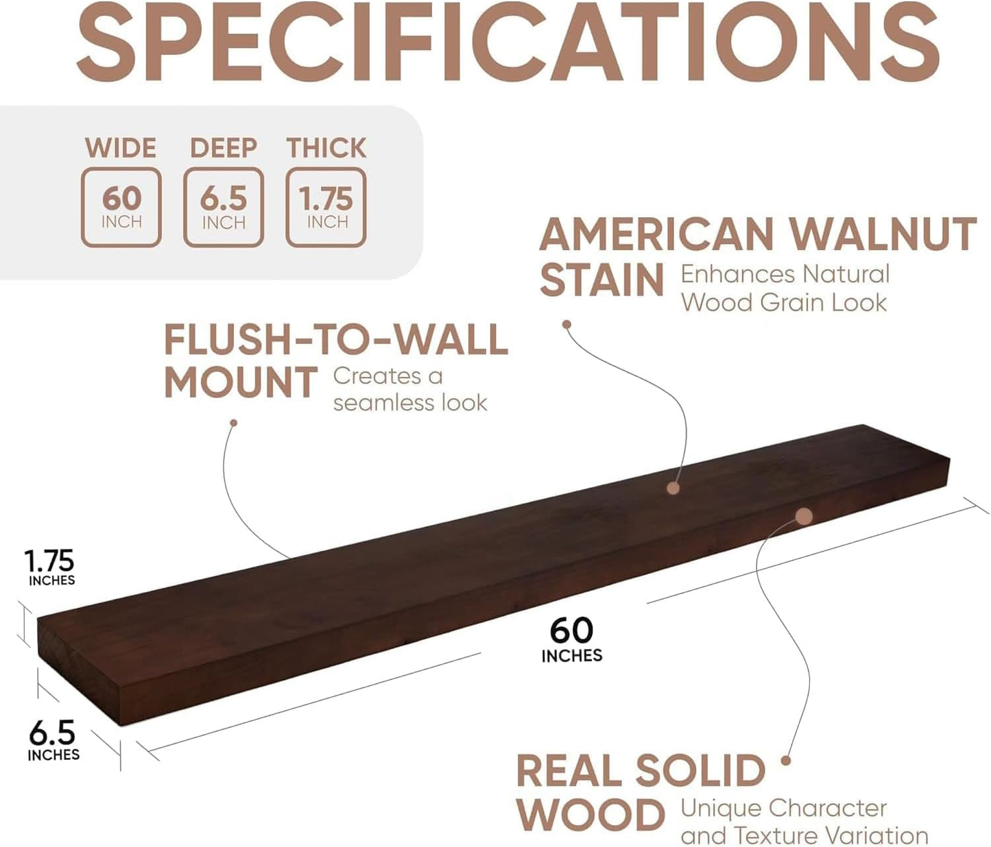 Homeforia Walnut 60 inch Floating Shelf, High End Solid Real Wood 60inch Long Floating Shelf for Wall, Dark Brown Wooden 60in Large Floating Shelves, Heavy Duty Bracket, 60 X 6.5 X 1.75 inch, Set of 3