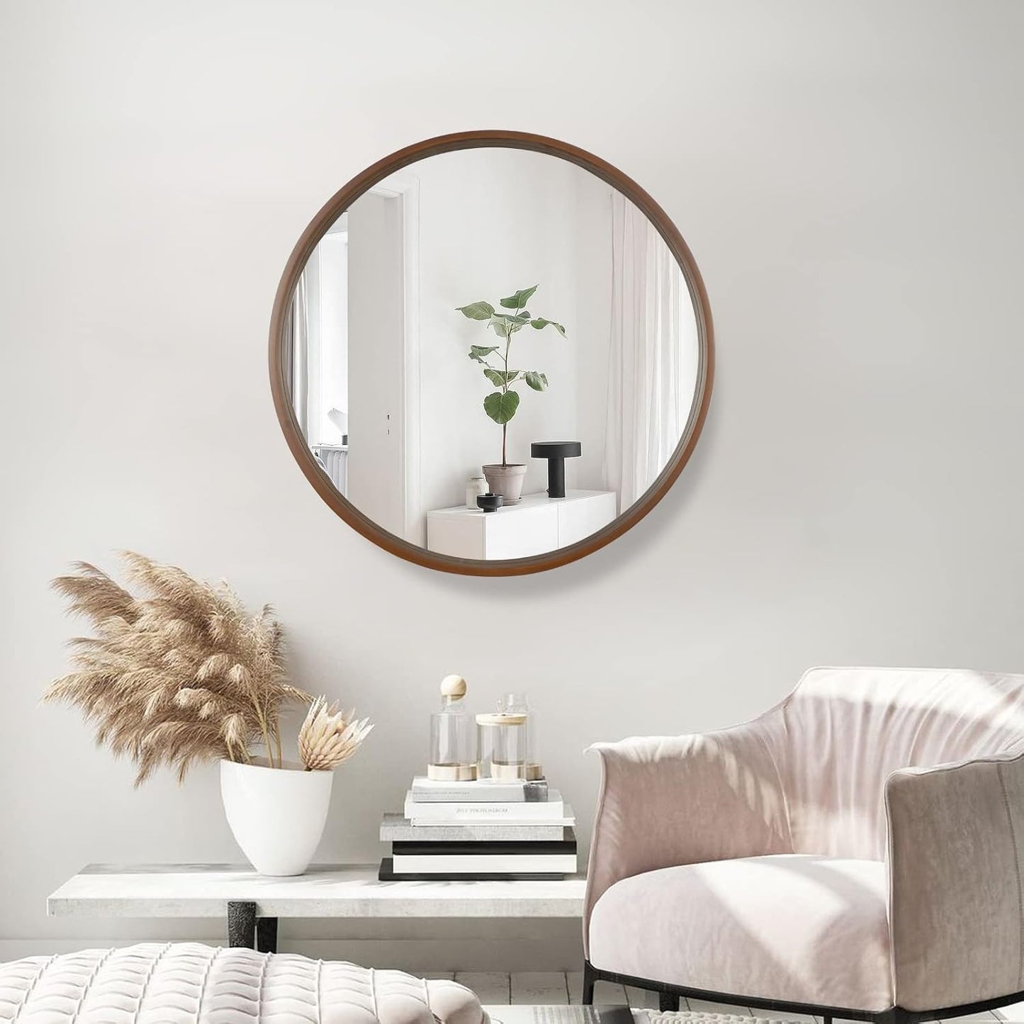 WallBeyond Circle Mirror with Wood Frame, 28" Round Modern Decoration Large Home Decor Mirror for Bathroom Living Room Bedroom Entryway (28" Diameter, Walnut)