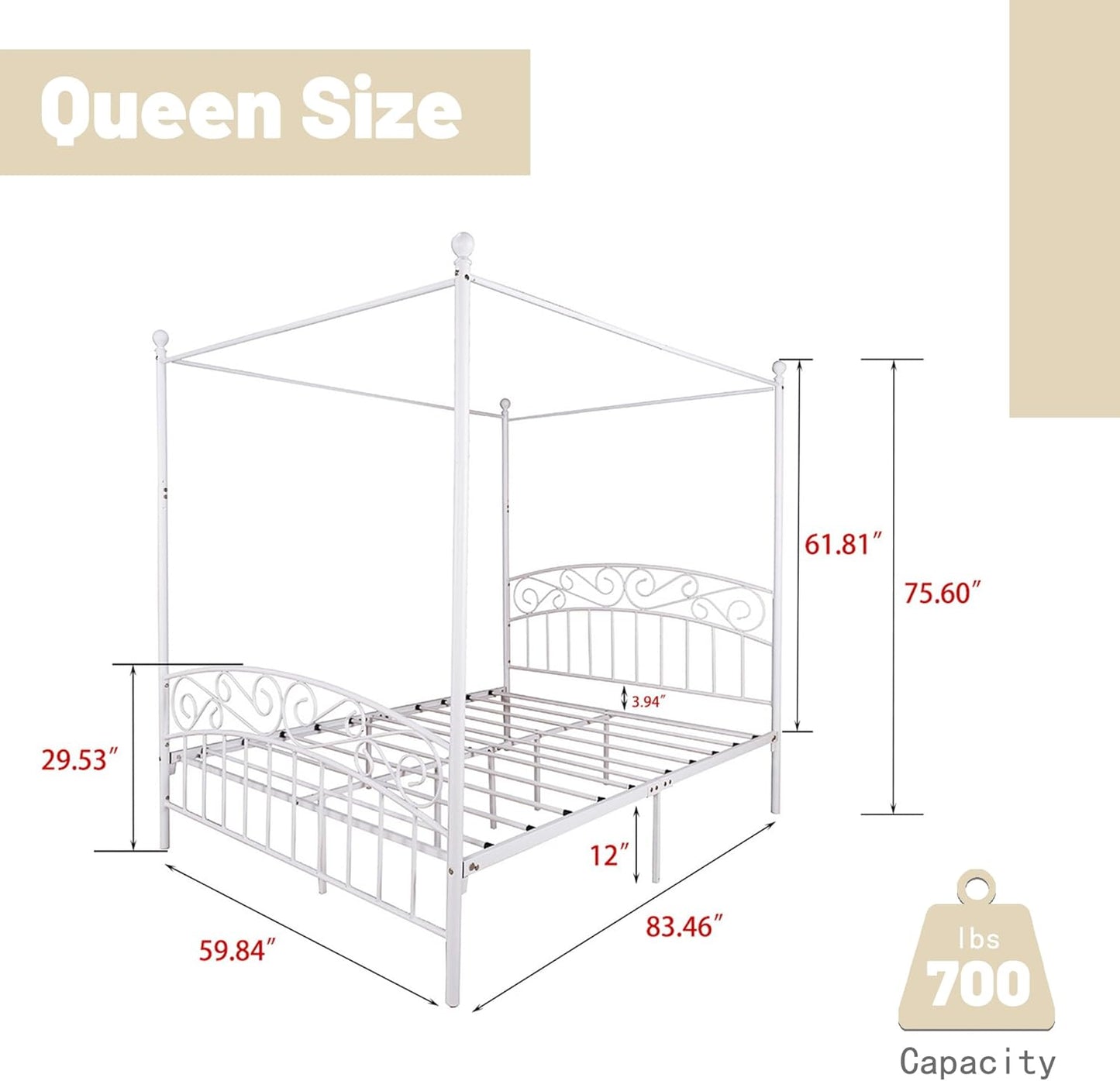 Queen Size Canopy Bed Frame Four-Poster Metal Platform Bed with Headboard and Footboard Sturdy Heavy Duty Steel Slat Support No Box Spring Needed White