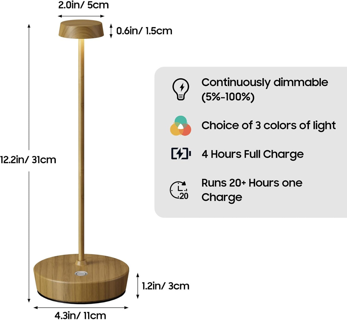 Cordless LED Table Lamp，Rechargeable Battery Desk Lamps, 3 Color Stepless Dimmable Metal Battery Table Lamps, Portable Waterproof Table Light for Indoor/Outdoor/Restaurant (2Pack Wood Grain)