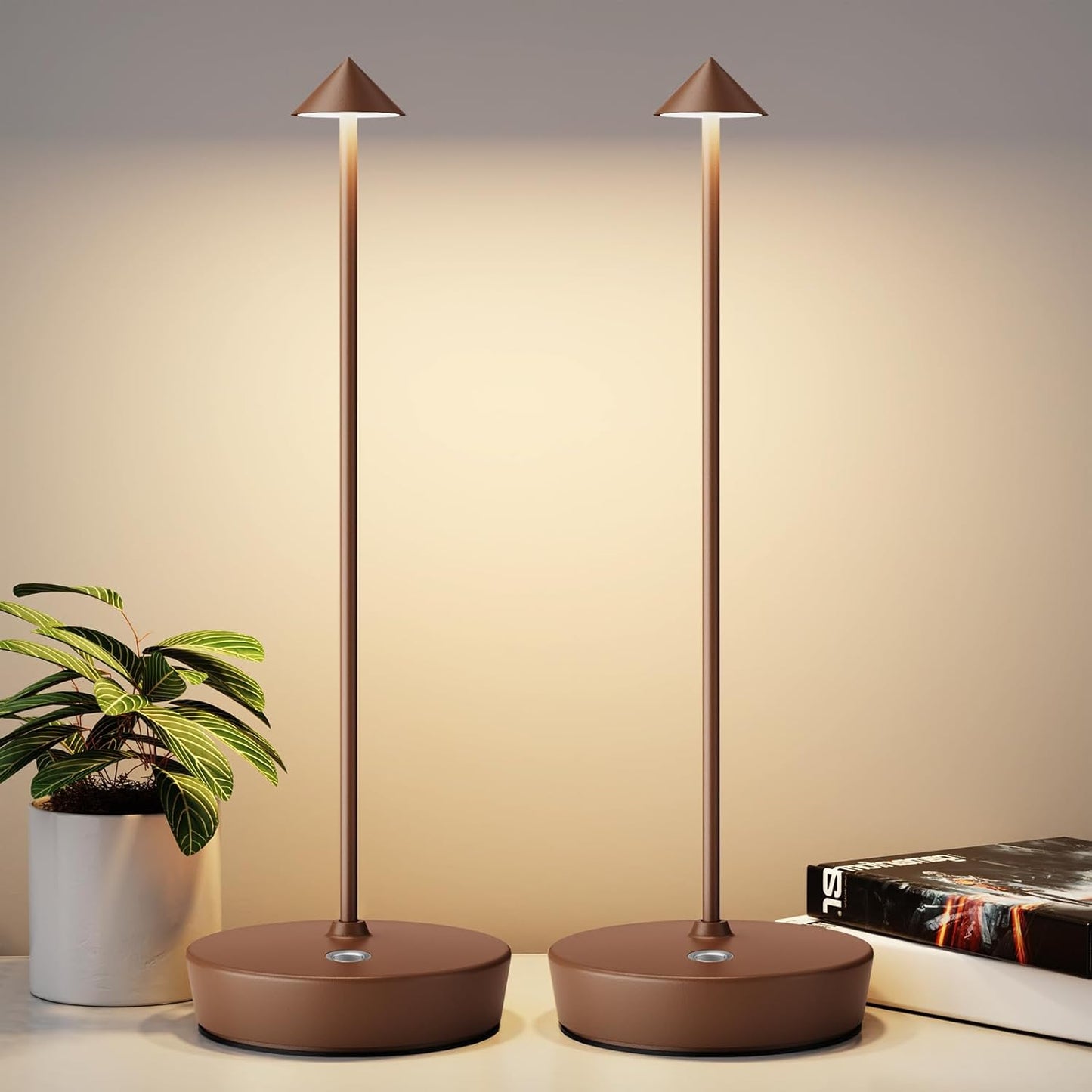 2Pack Rechargeable Cordless Table Lamp, Portable Powered LED Battery 6000mAh Metal USB Desk Lamp, 3 Levels Brightness Light for Restaurants Outdoor (2pack Coffee)