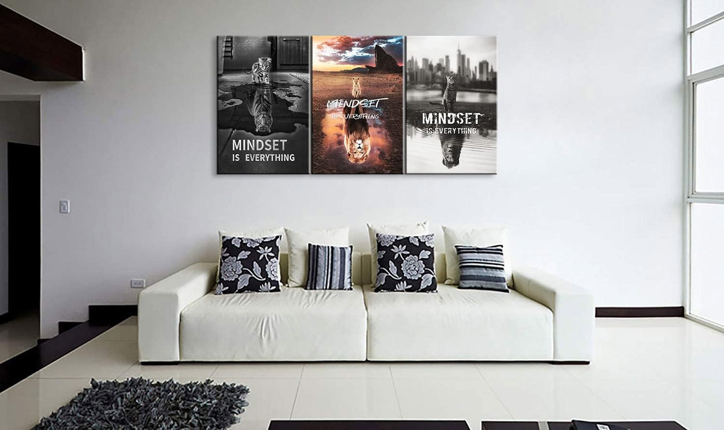 Mindset Is Everything 3-Piece Motivational Canvas Wall Art - Framed Inspirational Quotes for Office, Classroom, Home Decor (24''Wx36''Hx3PCS)