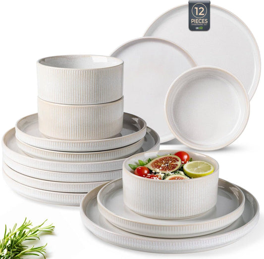 GBHOME Stoneware Dinnerware Sets for 4, Round Reactive Glaze Ceramic Plates and Bowls Set, Highly Scratch Resistant | Dishwasher & Microwave Safe ，Service for 4(12Pcs)