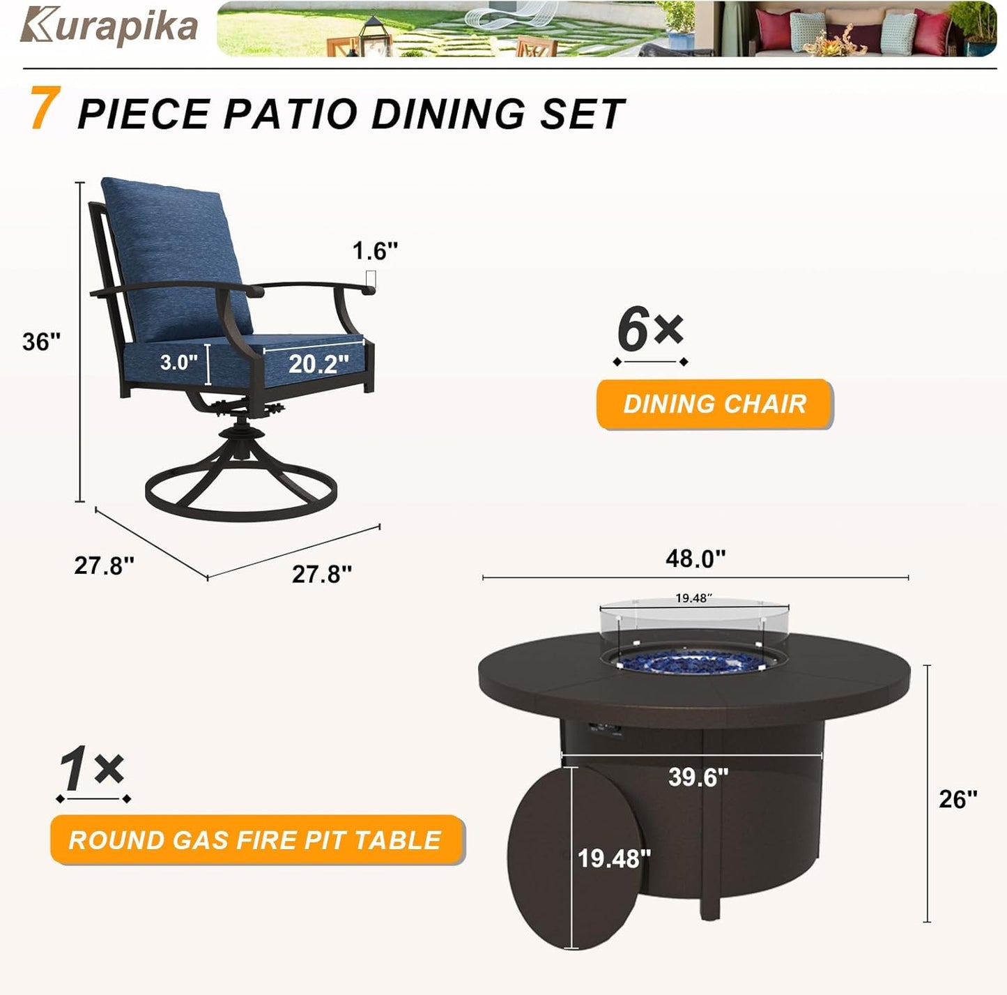 Kurapika 7 Piece Metal Outdoor Patio Furniture Set with Round Fire Pit Table, Patio Conversation Sets 6 Swivel Chairs with Thick Cushion and 40000 BTU Fire Pit Table for Deck, Navy Blue
