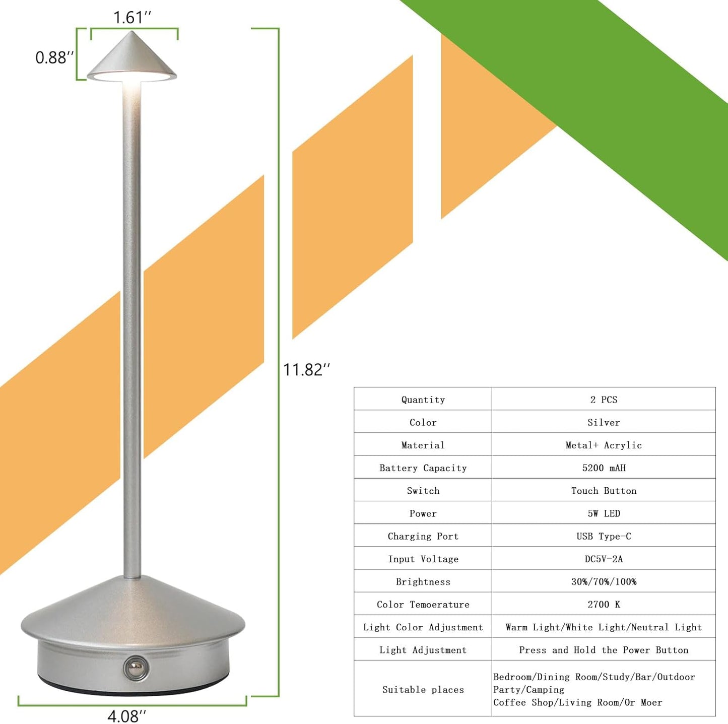 2 Pack Cordless LED Table Lamp, Rechargeable 5200mAH Battery Operated Lamp for Decor, 3 Color Stepless Dimming Desk Lamps, for Restaurant, Bedroom, Outdoor Camping, Coffee Shop, Night Light