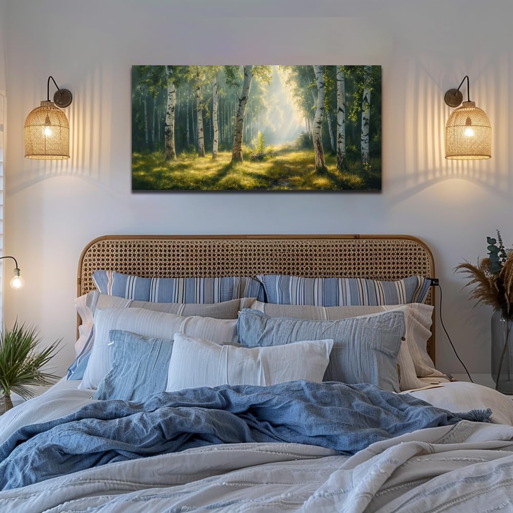 Nature Wall Art Forest Scenery Wall Art Landscape Pictures Green Birch Tree Canvas Print Beautiful Painting Decor for Living Room Mountain Canvas for Home Office Decorations 20x40Inch