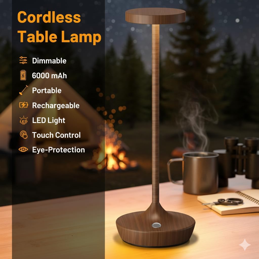 Cordless Table Lamp Rechargeable - 6000mAh LED Battery Operated Table Light - Portable Touch Dimmable Outdoor Waterproof Table Lamps for Patio Bar Restaurant Dining (2 Woodgrain)