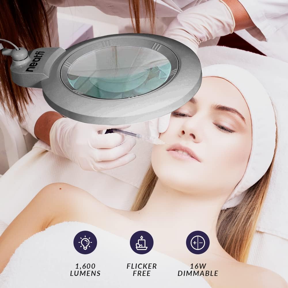 Neatfi XL Bifocal LED Magnifying Lamp, 7-Inch Acrylic Lens, 5D/20D Magnification, Hands-Free, Dimmable, 84 SMD LED, Adjustable Arm for Crafts, Reading, Close Work (Silver, with Clamp)