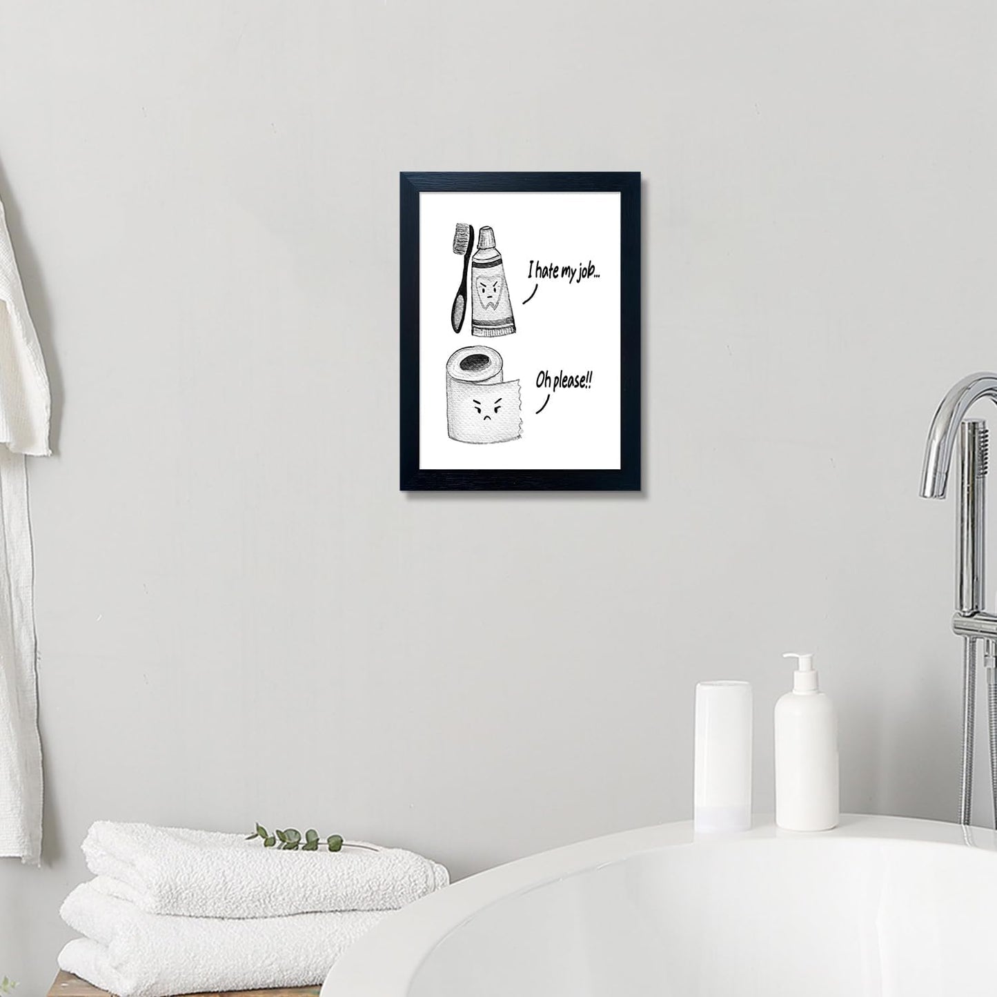 Boswaydeco Kids Bathroom Decor Wall Art Cute Children's Bathroom Wall Decor Small Funny Toliet Paper and Toothbrush Print Black and White Artwork for Guest Rom