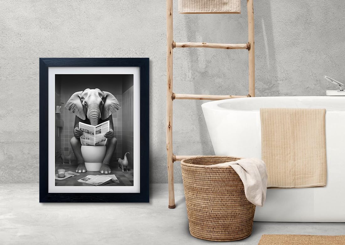 Black and White Bathroom Wall Art Framed Bathroom Picture Wall Decor Canvas Print Elephant in Toilet Reading Newspaper Funny Animal Artwork