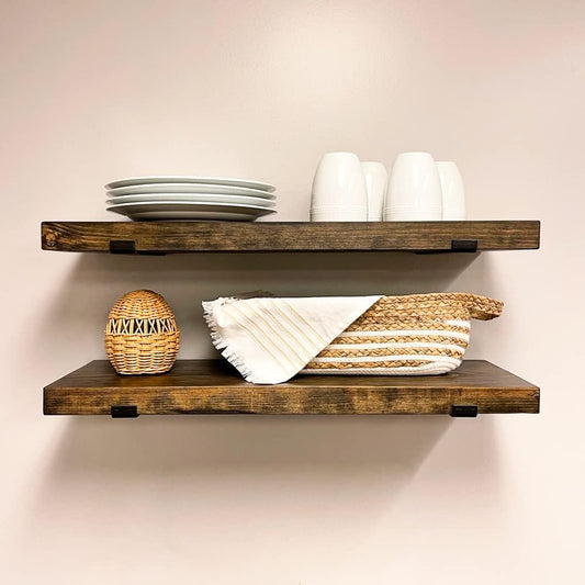 Rustic Shelves with J-Brackets Set of 2, Industrial Shelf, Kitchen Shelves, Solid Wood, Decorative Wall Storage, Heavy Duty, URBANDI (Dark Brown, 36Wx10D)