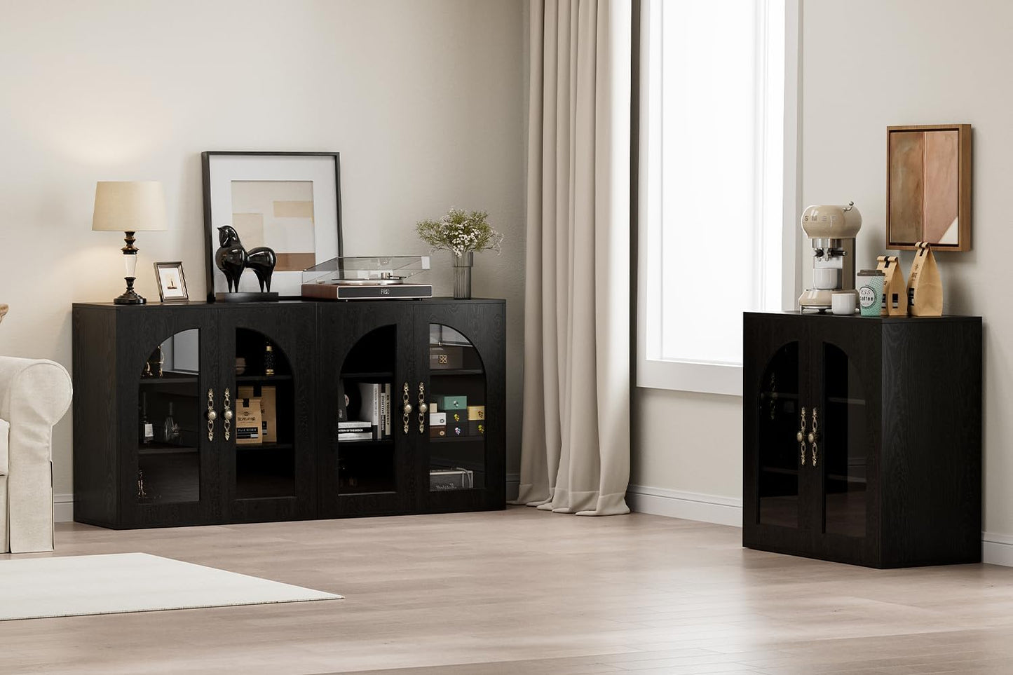 Modular Buffet Storage Cabinet, Glass 2-Door Kitchen Sideboard Buffet Console w/Adjustable Shelves, Wood Modular Organizer for Kitchen Living Room, 31.5 Inch