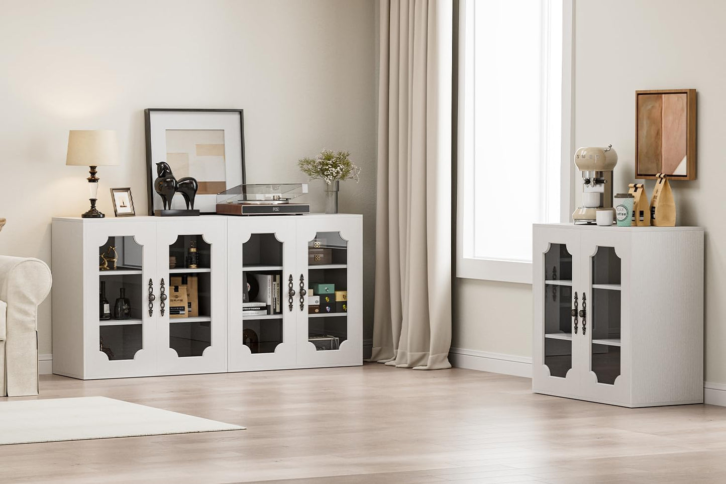 Modular Buffet Storage Cabinet, Glass 2-Door Kitchen Sideboard Buffet Console w/Adjustable Shelves, Wood Modular Organizer for Kitchen Living Room, 31.5 Inch