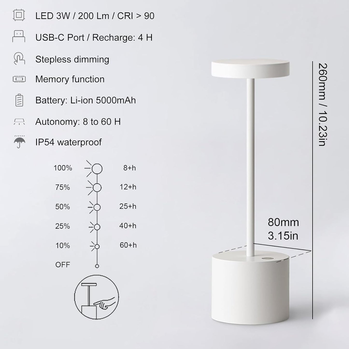 2 Pack Cordless Rechargeable Table Lamp, 3 Color Temperature & Dimmable, IP54 Waterproof Battery Operated Portable LED Light for Outdoor, Patio, Restaurant, Bedside, Shower (White)