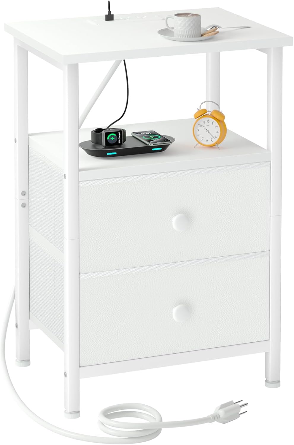 White Night Stand, Nightstand with Charging Station, End Table with Storage 2 Fabric Drawers for Bedroom, Small Bed Side Table with USB Ports and Outlets for Living Room, HETS020WT-1