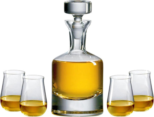 Ravenscroft Crystal | European-Made, Hand-blown Scotch Decanter Gift Set | 1 Decanter with Stopper & 4 Tumblers | 100% Lead-Free Crystal | Gift-Boxed