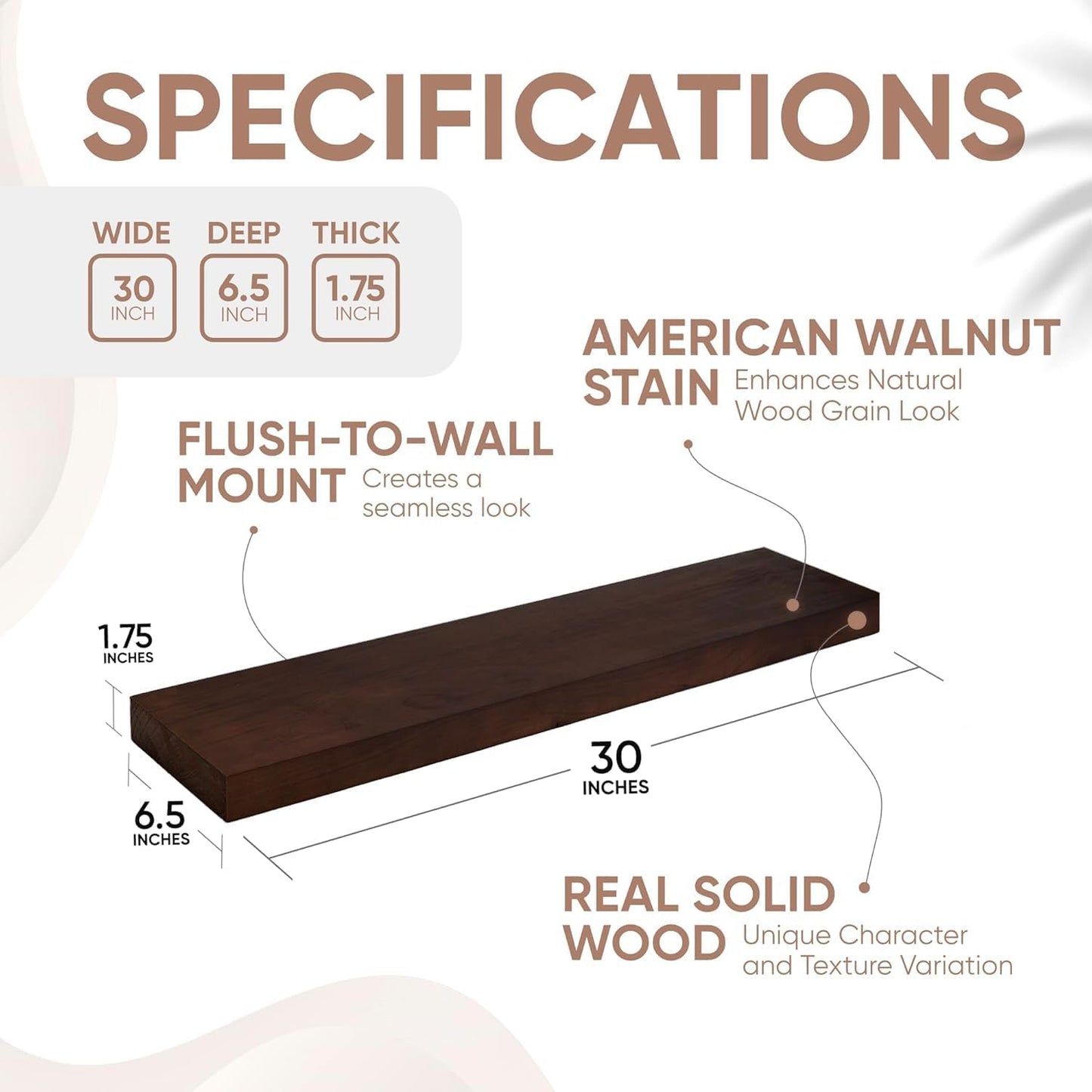 Homeforia 30inch Walnut Floating Shelves for Wall Mounted, High End Solid Real Wood 30 in Floating Shelf, Dark Brown Wooden 30 inch Long Floating Shelves, Heavy Duty Bracket, 30 X 6.5 X 1.75, Set of 4