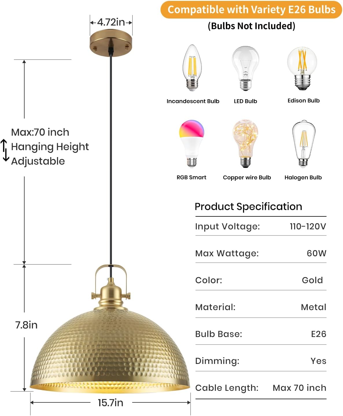 1 Pack Gold Pendant Light 16 inch, Hammered Large Dome Pendant Light, Industrial Farmhouse Pendant Lights Kitchen Island, Gold Island Pendant Lights for Kitchen, Dining Room Living Room