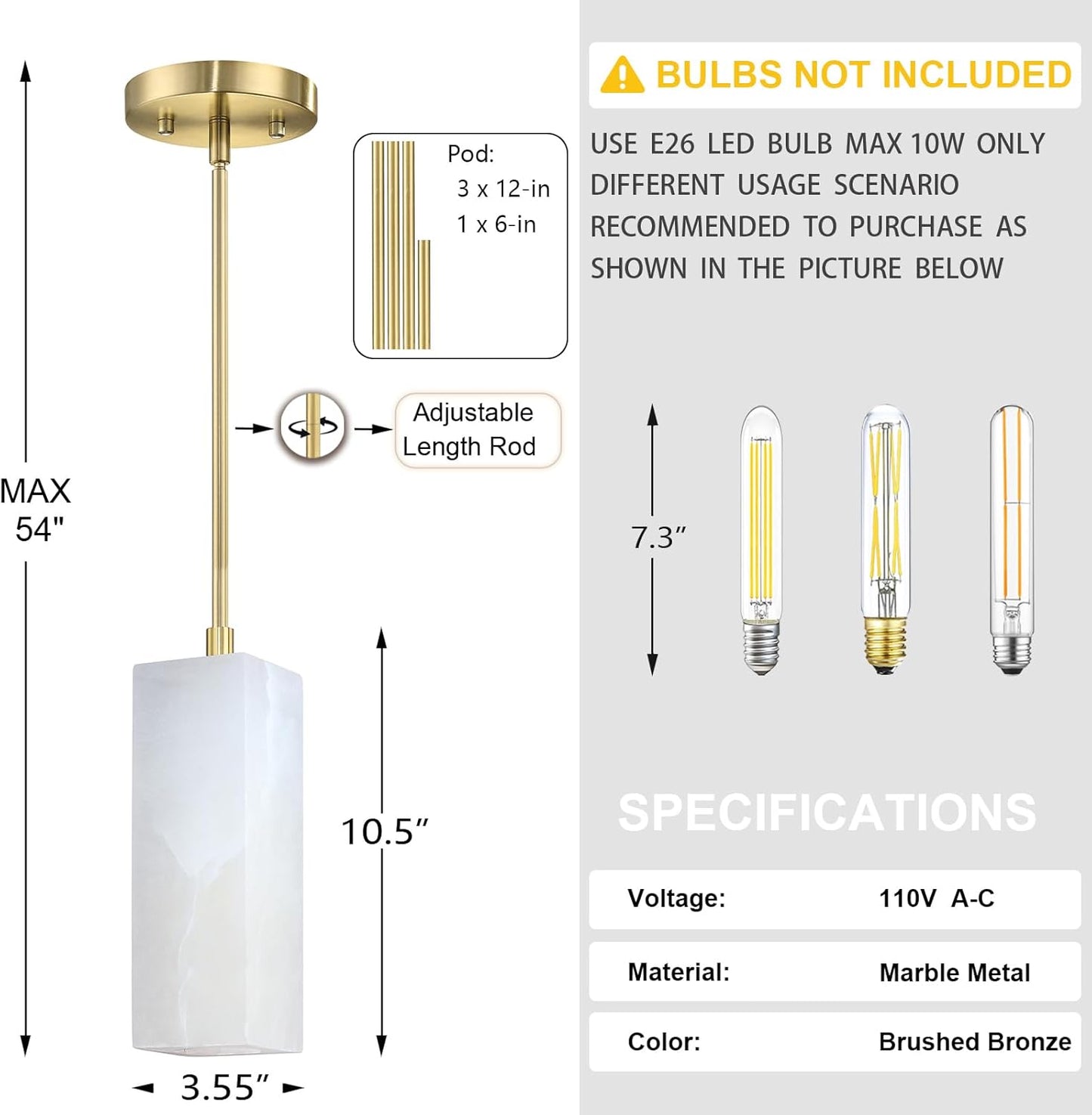 1 Light Modern Industrial Farmhouse Hanging Kitchen Island Pendant Ceiling Light Fixture,Square Natural Alabaster Marble Brushed Bronze Finish Over Sink Restaurant bar Corridor