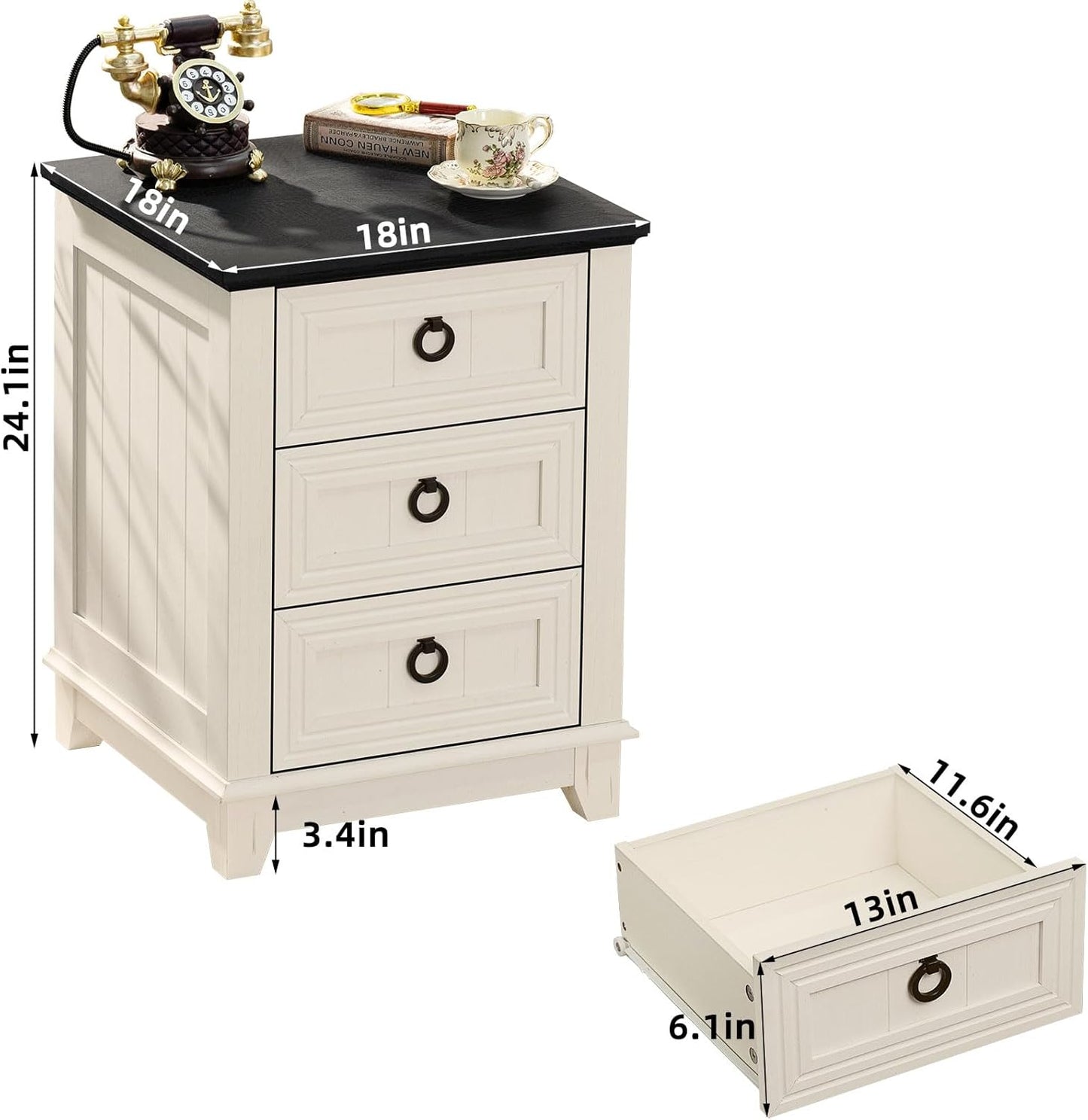 Farmhouse Night Stand Set of 2, 18" End Table with 3 Drawer Metal Handle, Dresser for Bedroom, Sofa Bed Side Table Chest of Drawers,Wood Nightstand Cabinet for Organizer, Living Room-White