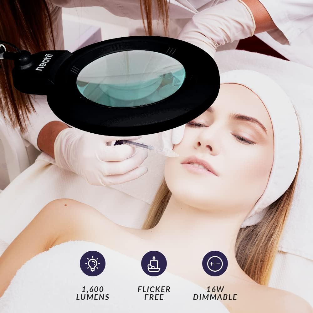 Neatfi XL Bifocal LED Magnifying Lamp, 7-Inch Acrylic Lens, 5D/20D Magnification, Hands-Free, Dimmable, 84 SMD LEDs, Adjustable Arm for Crafts, Reading, Close Work (Black, CCT with Clamp)