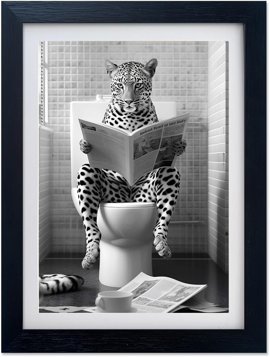 Funny Bathroom Wall Art Leopard in Toilet Decor Black and White Animal Canvas Print Kids Bathroom Picture Artwork