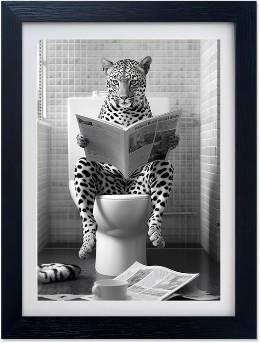 Funny Bathroom Wall Art Leopard in Toilet Decor Black and White Animal Canvas Print Kids Bathroom Picture Artwork