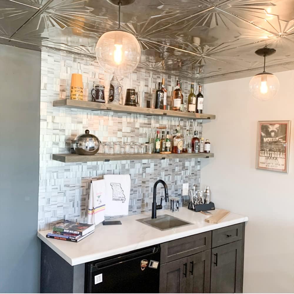 Rustic Shelves with J-Brackets Set of 2, Industrial Shelf, Kitchen Shelves, Solid Wood, Decorative Wall Storage, Heavy Duty, URBANDI (Grey, 12Wx8D)