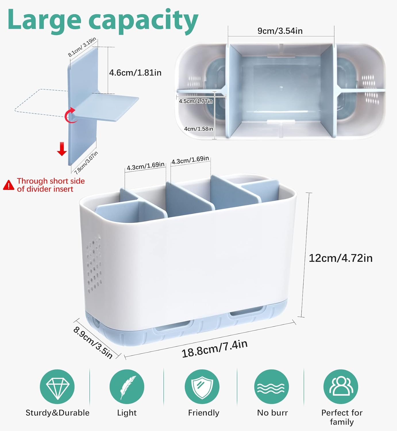 Boperzi Electric Toothbrush Holder for Bathroom Organizer Countertop, Detachable Anti-Slip Blue Toothpaste Storage Caddy 6 Slots White with Drainage Holes for Makeup Brush Razor Stand
