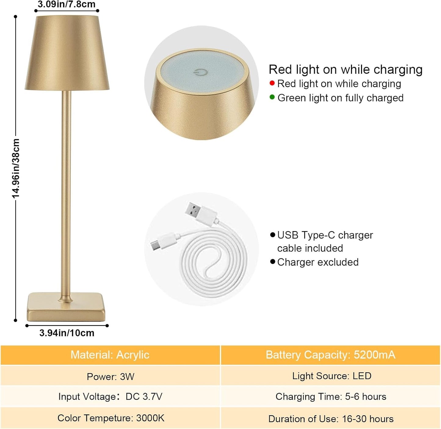 2 Pack Rechargeable Cordless Table Lamps, 5200mAh Battery Touch Table Light, Aluminum Shell Stepless Dimmable Portable LED Desk Lamp for Dinner/Restaurant/Outdoor Gold
