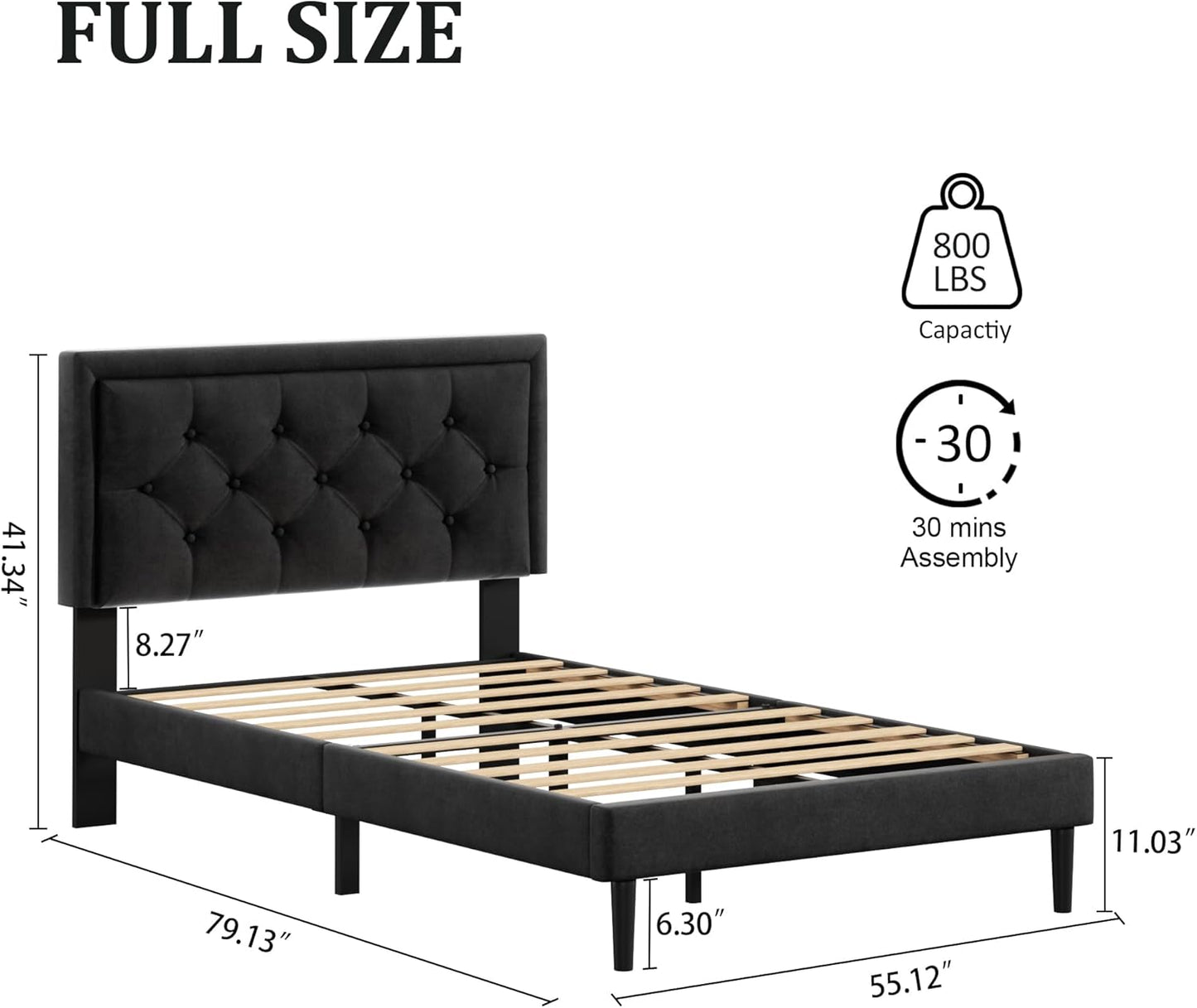 Full Size Platform Bed Frame with Upholstered Velvet Button Tufted Headboard, Mattress Foundation with Wooden Slat Support, No Box Spring Needed, Easy Assembly, Noise Free, Black