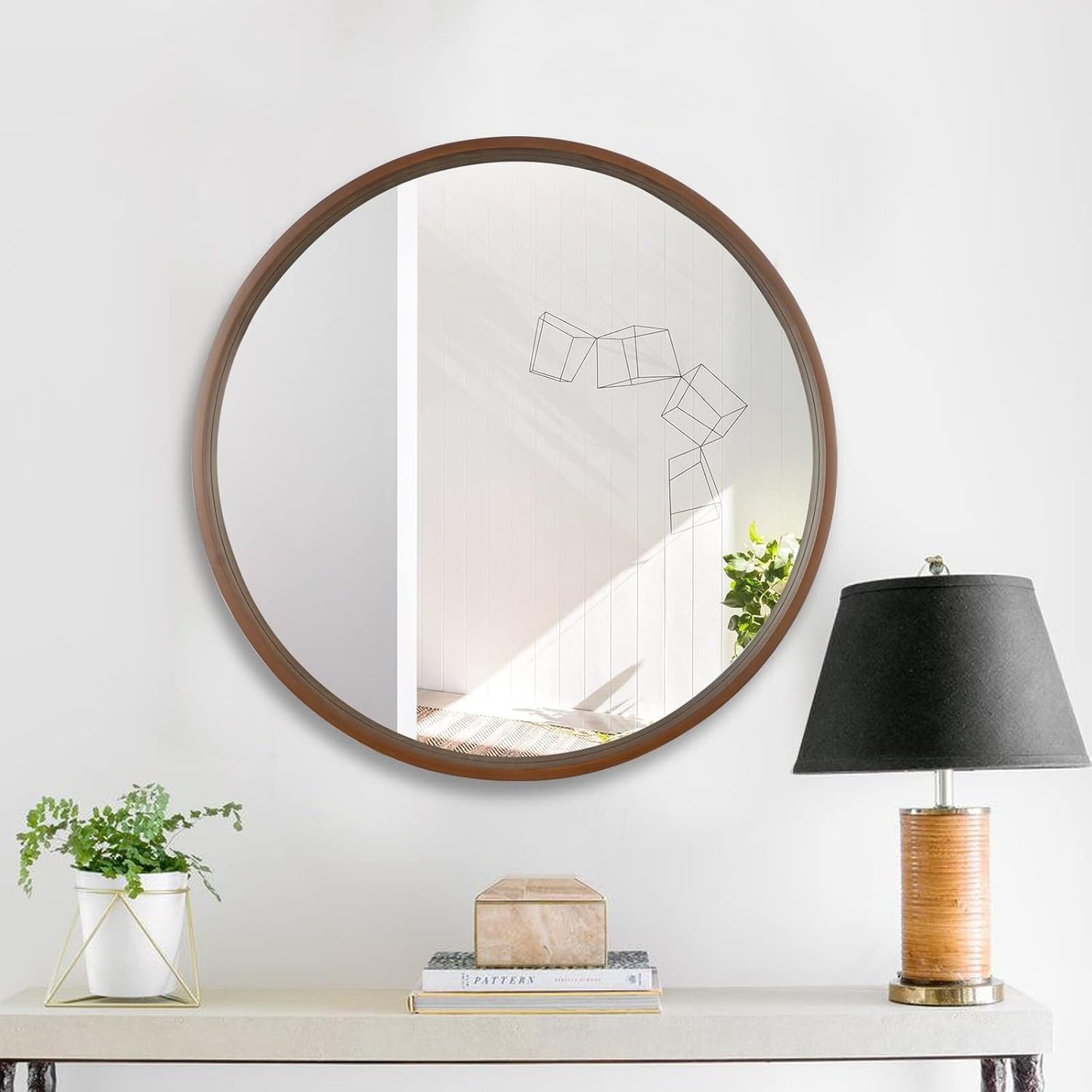 WallBeyond Circle Mirror with Wood Frame, 28" Round Modern Decoration Large Home Decor Mirror for Bathroom Living Room Bedroom Entryway (28" Diameter, Walnut)
