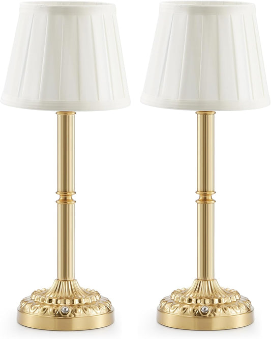 Rechargeable Cordless Table Lamps Set of 2 – Small Battery Operated Lamp, 3-Level Brightness Dimmer, Portable Wireless Lighting for Restaurant Dining Bedside Kitchen Living Room Patio, Vintage Brass