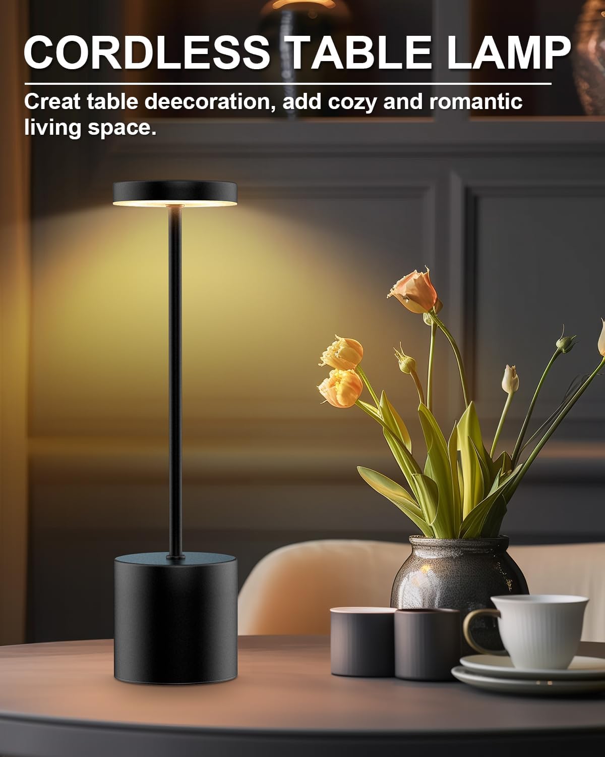 Cordless Table Lamps Rechargeable, Portable LED Desk Lamp, 5000mAh Battery Powered Wireless Table Light - 3 Color Dimmable Lighting for Restaurant Dining Patio Outdoor Bedroom(Black)
