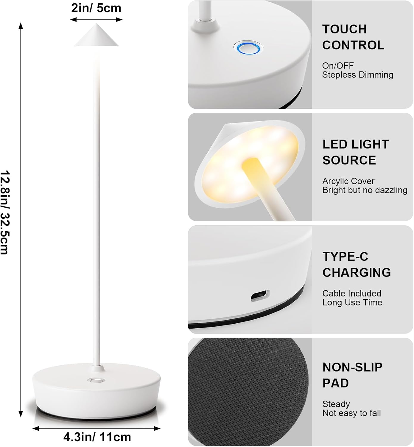 2Pack Rechargeable Cordless Table Lamp, Portable Powered LED Battery 6000mAh Metal USB Desk Lamp, 3 Levels Brightness Light for Restaurants Outdoor (2pack White)