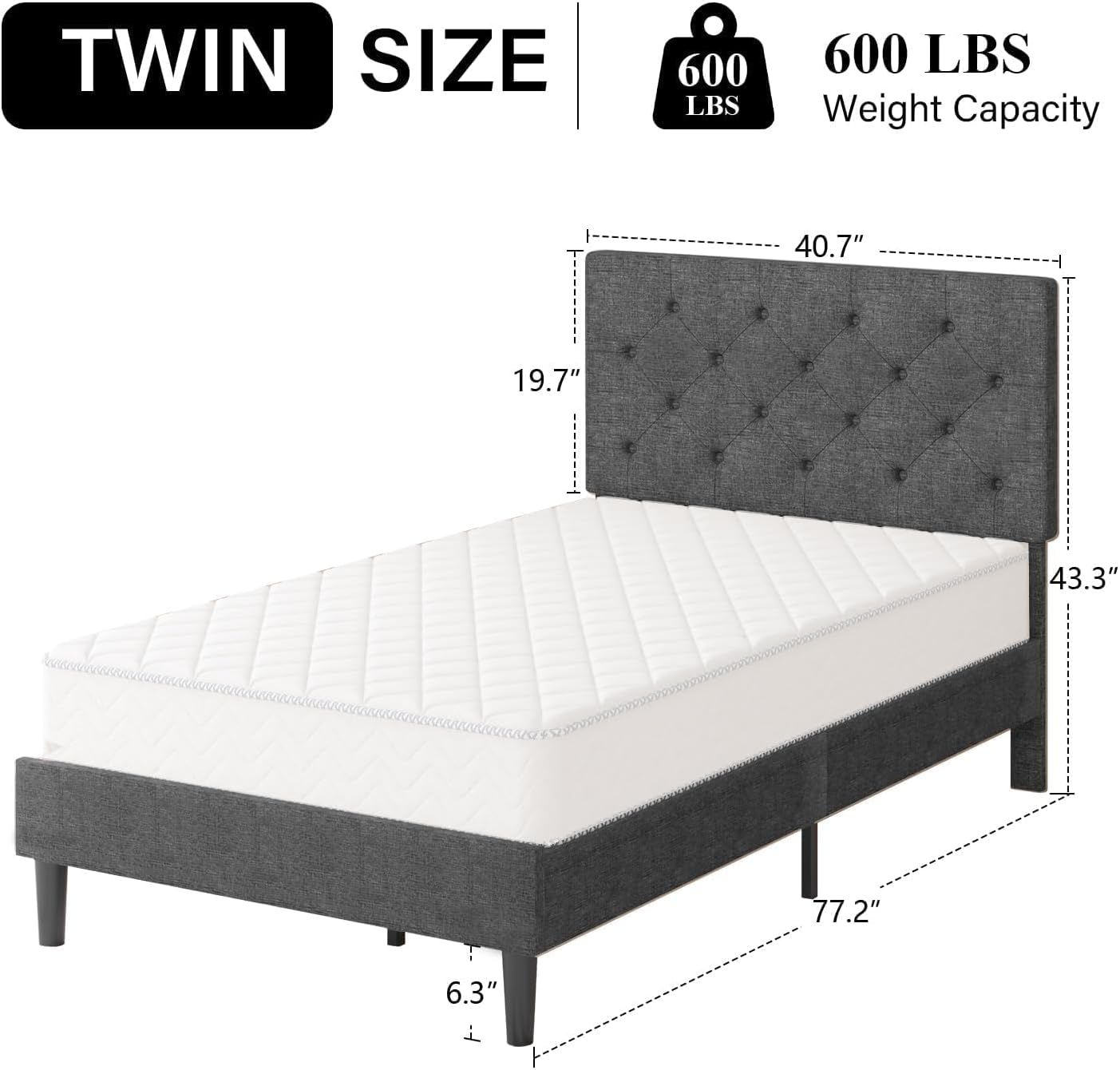 HOMBCK Twin Size Bed Frame, Gray Linen Fabric Upholstered Bed Frame with Headboard, Twin Bed Frames for Kids, Wood Slats, Button Tufted, No Box Spring Needed, Light Grey