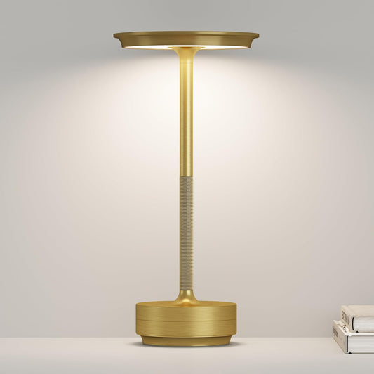 Cordless LED Table Lamp,Portable Rechargeable USB-C Battery Operated Table Lights IP54 Waterproof 3 Levels Brightness Light with Memory Function,for Terrace, Western Restaurant, Cafe(Gold)