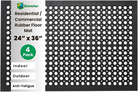 Envelor 4-Pack Anti Fatigue Rubber Floor Mat - Non-Slip Restaurant Mat with Drainage - 24 x 36 Inches