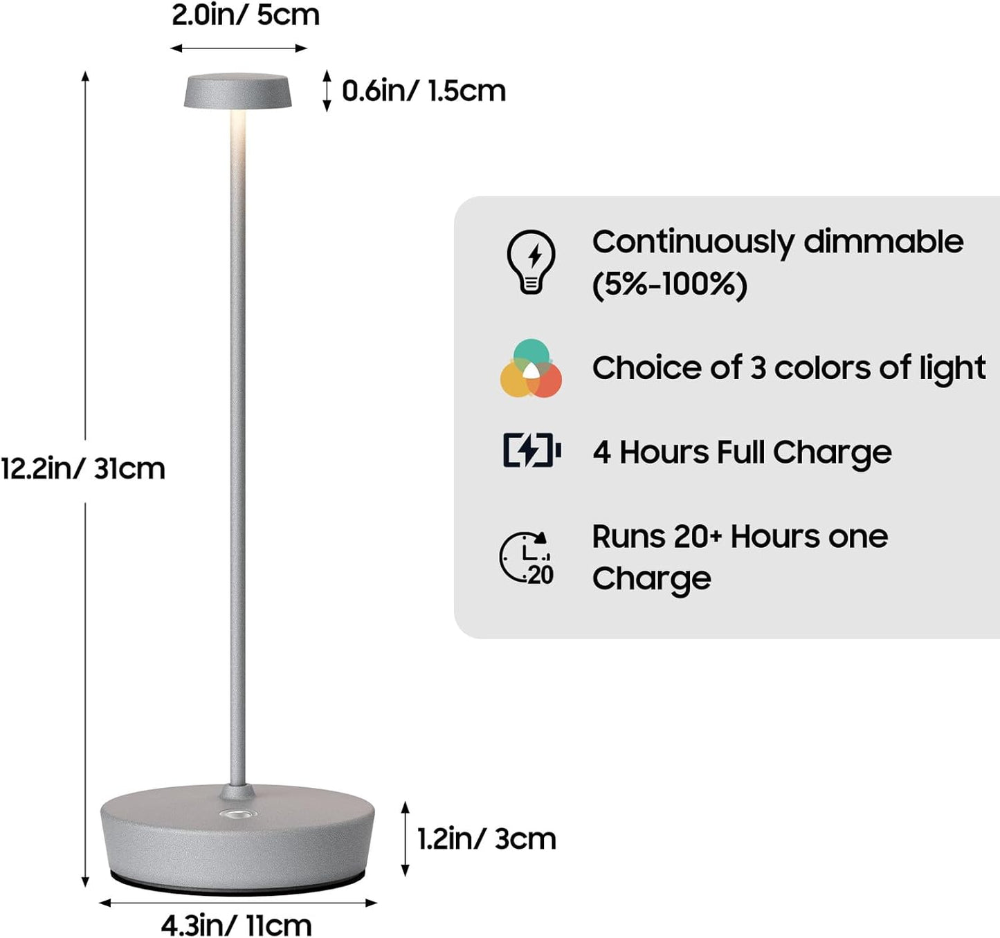 Cordless LED Table Lamp，Rechargeable Battery Desk Lamps, 3 Color Stepless Dimmable Metal Battery Table Lamps, Portable Waterproof Table Light for Indoor/Outdoor/Restaurant (2Pack Gray)