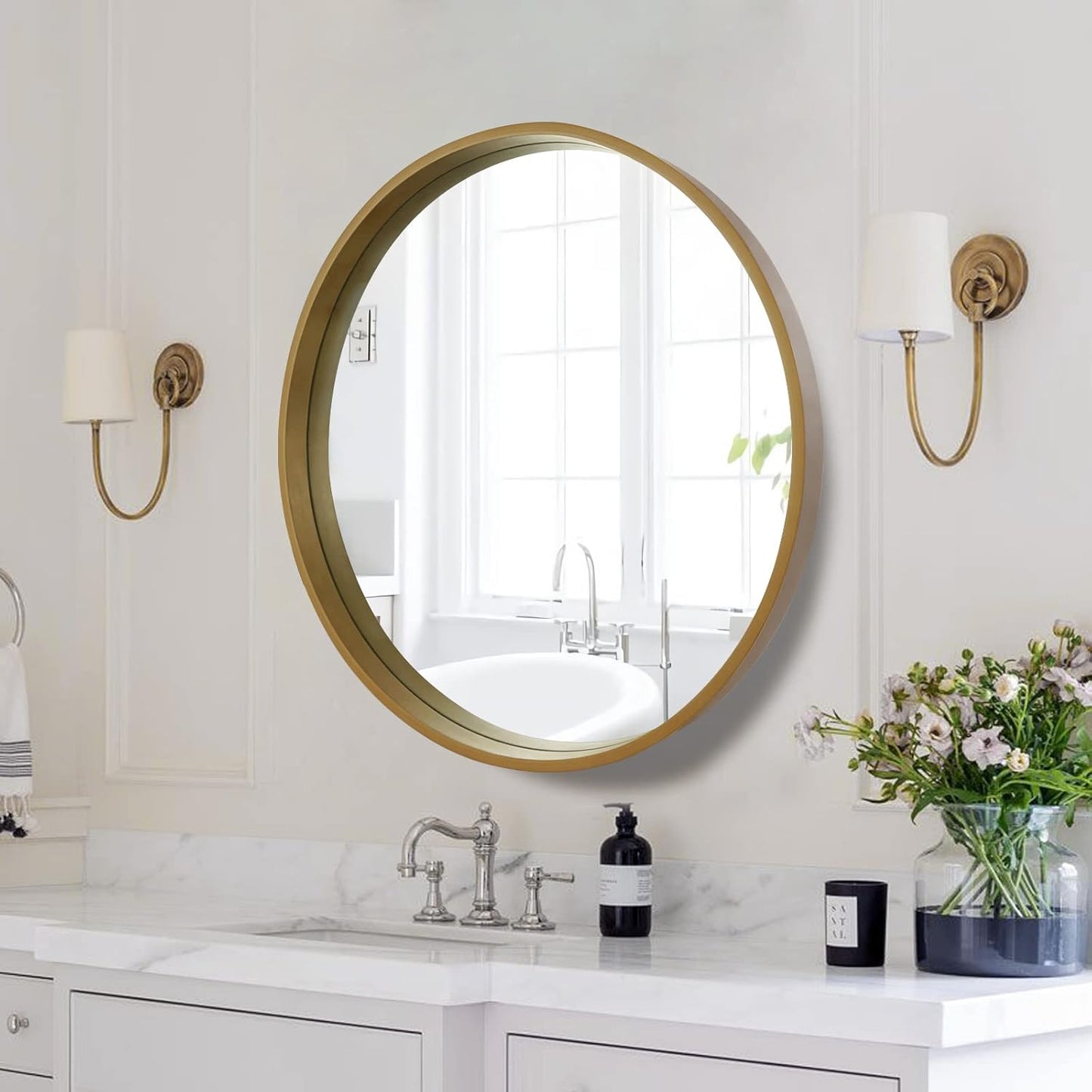 WallBeyond Round Mirror with Wood Frame, 28" Circle Modern Decoration Large Home Decor Mirror for Bathroom Living Room Bedroom Entryway (28" Diameter, Natural Wood)