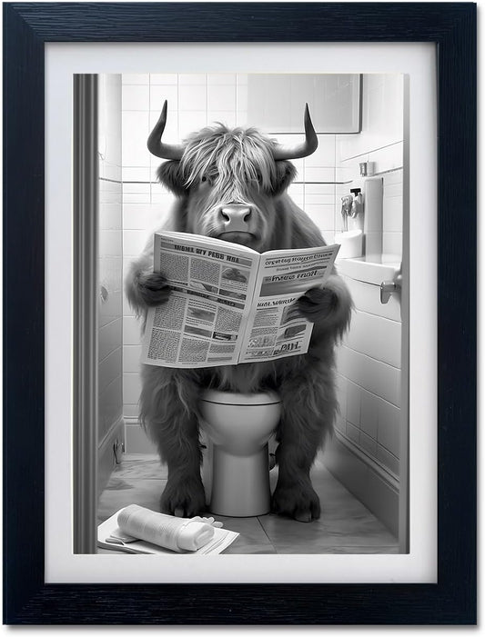 Black and White Bathroom Wall Art Highland Cow on Toilet Decor Funny Animal Canvas Print Bathroom Picture Wall Decor