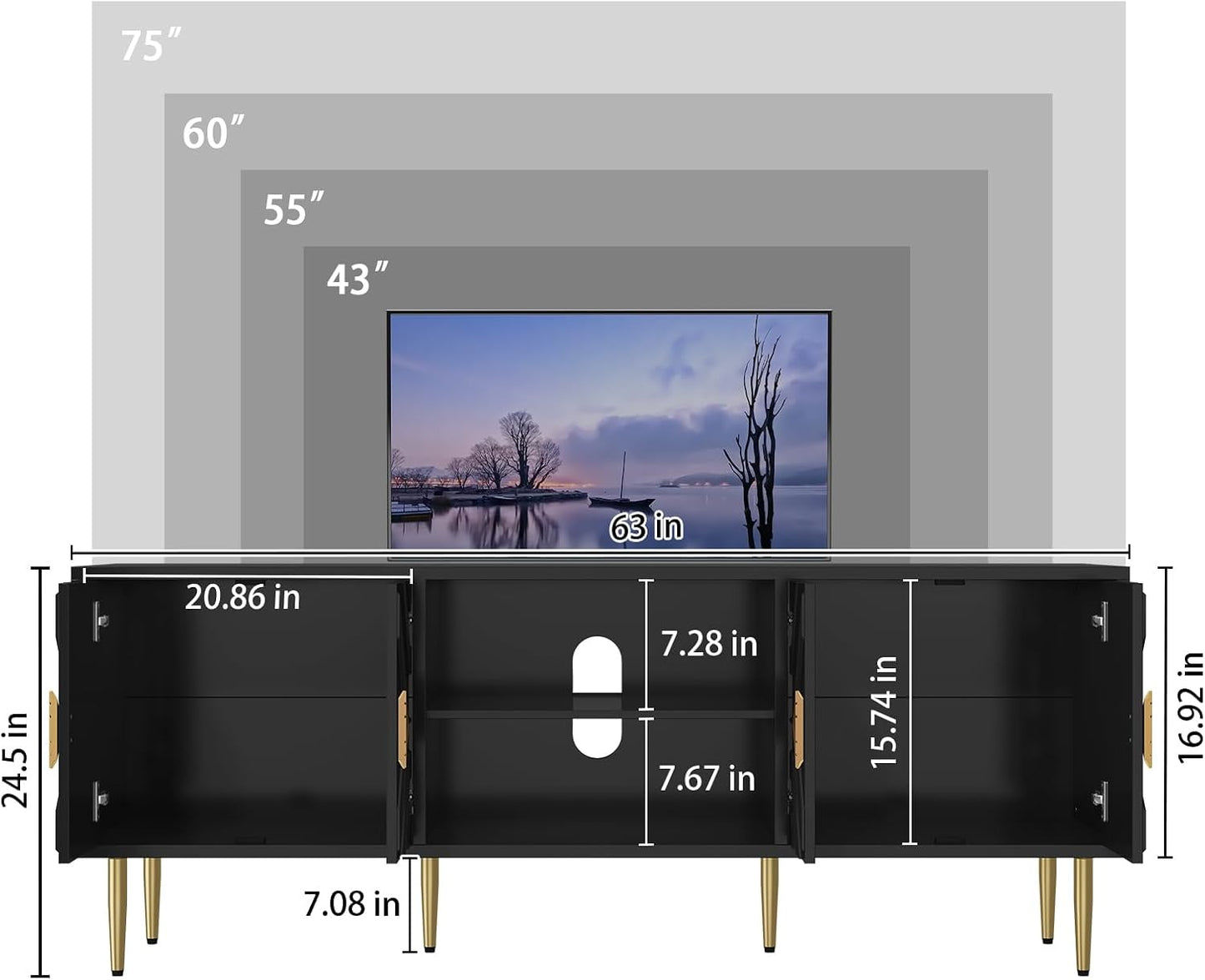 HLR 63''Modern Black TV Stand for 65/70/75 inch TV, Entertainment Center with Storage Cabinet, Mid CenturyTV Console,Embossed Pattern TV Stand, TV Media Console for Living Room, Bedroom