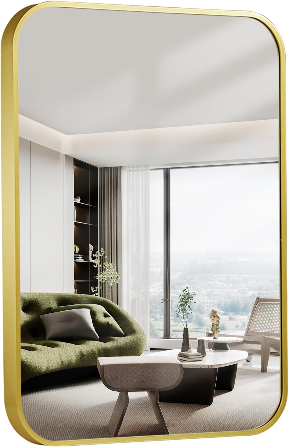 20x28 Inch Bathroom Mirror for Wall,Matte Gold Framed Rectangle Mirror with Rounded Corner,Aluminum Alloy Framed Brushed Wall Mirror for Bedroom or Living Room,Vertical or Horizontal