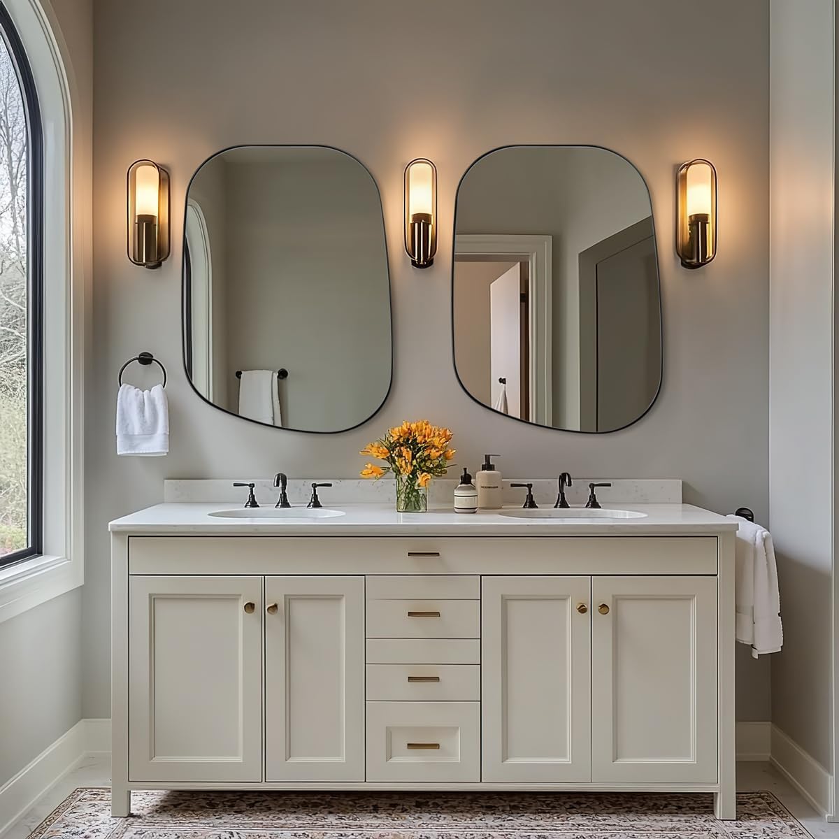 ANDY STAR 22"x30" Black Bathroom Mirror, Irregular Wall Mirror in Stainless Steel Metal Frame, Modern Matte Black Finish with Curved Edge Design, Wall-Mount Vertically or Horizontally