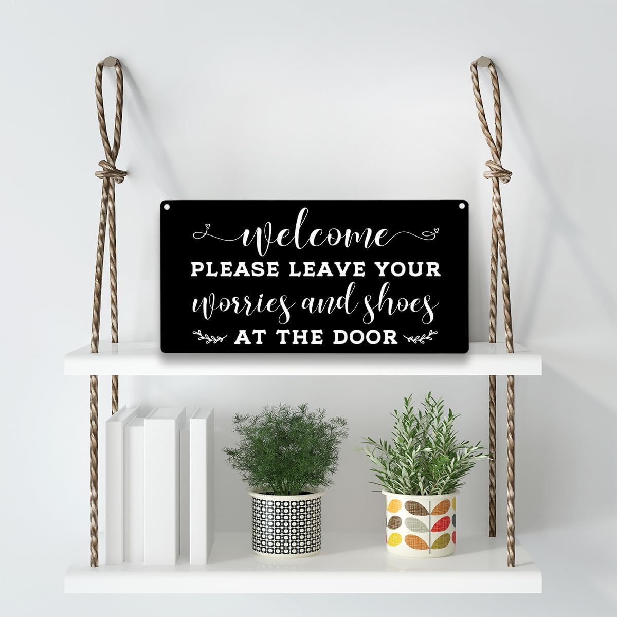 Front Door Welcome Sign, Please Remove Your Shoes Signs, Please Leave Shoes And Worries at the Door Sign, Wooden Hanging Plaque 12 x 6 Inch, For Home Porch Entrance Decoration