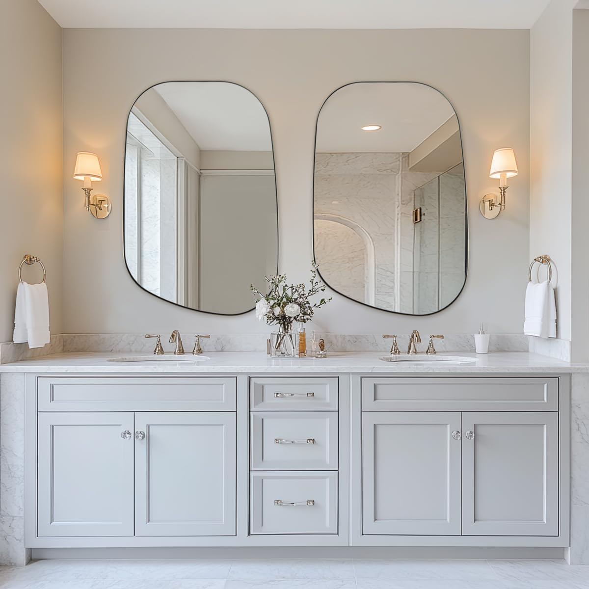 ANDY STAR Brushed Nickel Mirror, 24"x36" Silver Asymmetrical Wall Mirror for Bathroom, Unique Irregular Design with SUS304 Stainless Steel Metal Frame, Ideal for Bathroom, Bedroom, Entryway